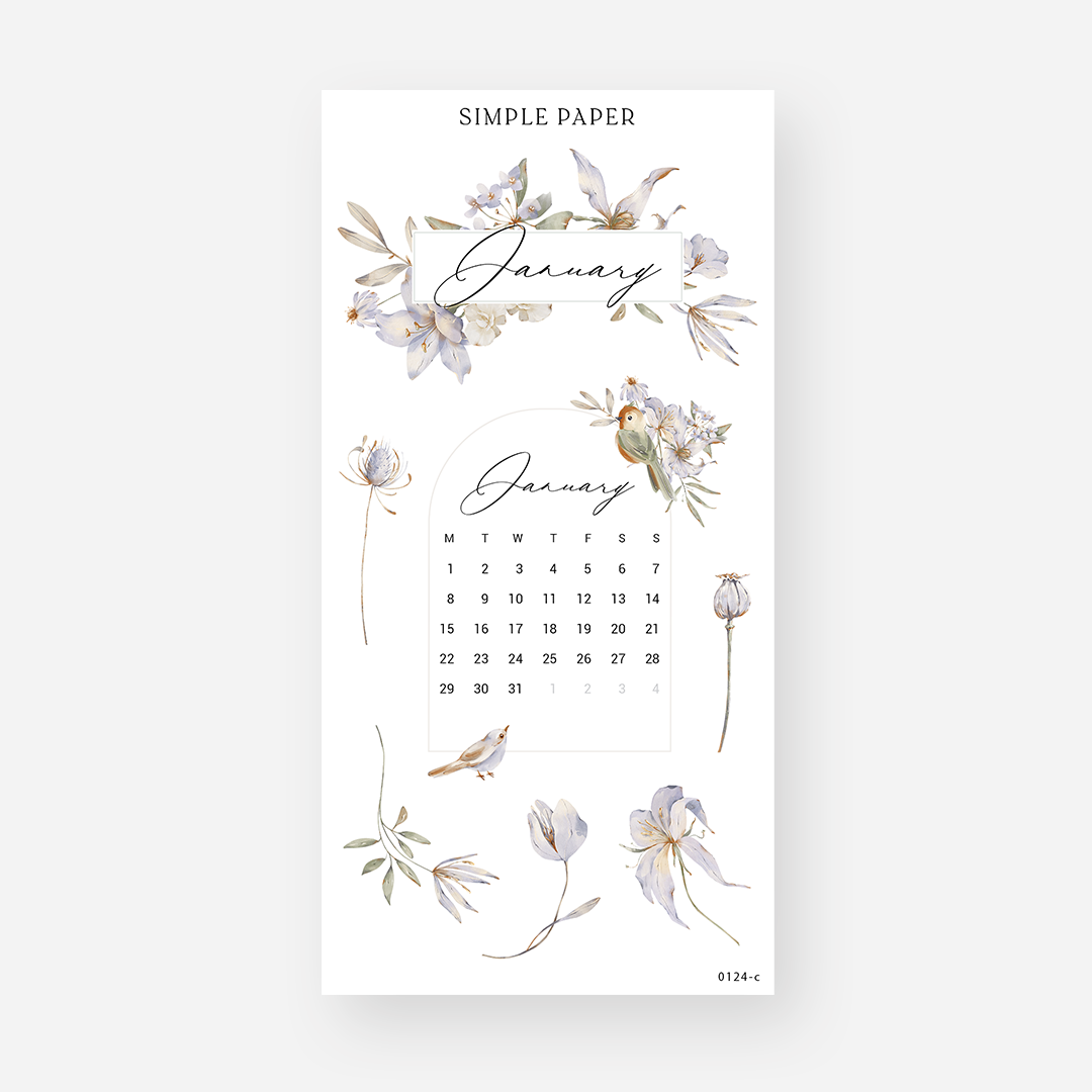 January calendar sticker in an arch frame with script headers, lavender lilies, a thistle and songbirds, January 2024 Sheet C
