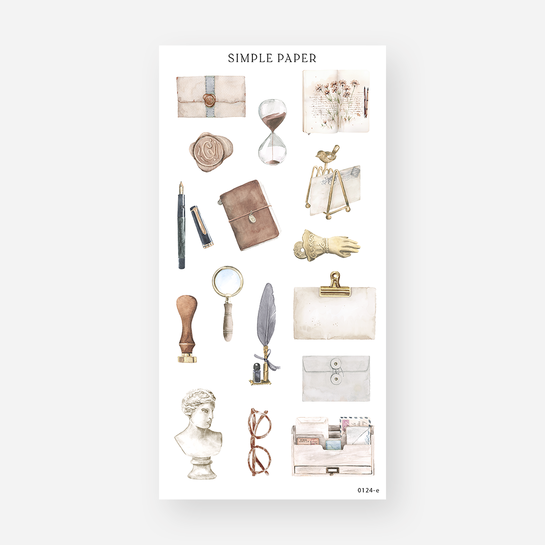 Vintage desk stickers with wax seals, an hourglass, fountain pen, quill, leather notebook, bust and envelopes, Sheet E