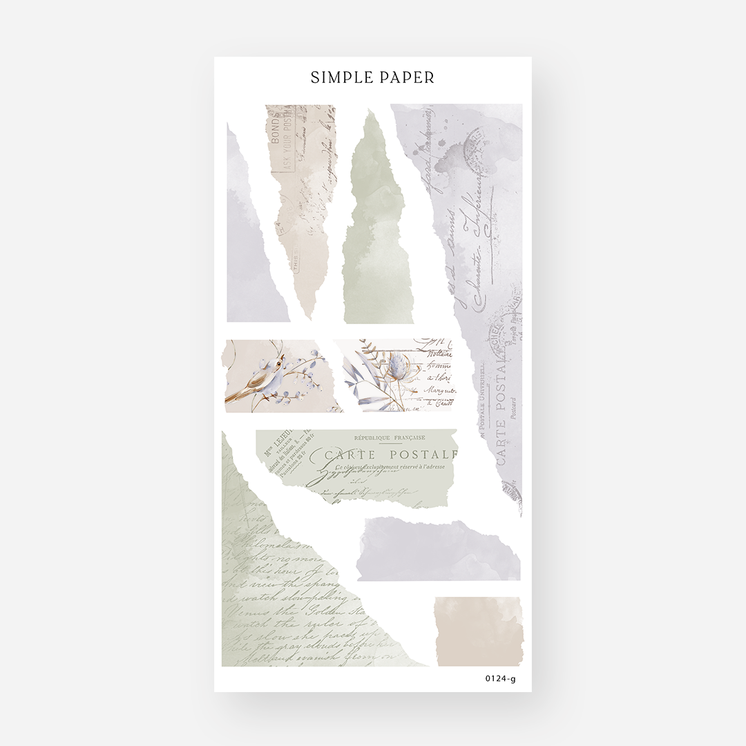 Torn paper strip stickers in lavender, tan and sage with faded script, postcard text and a songbird, January 2024 Sheet G