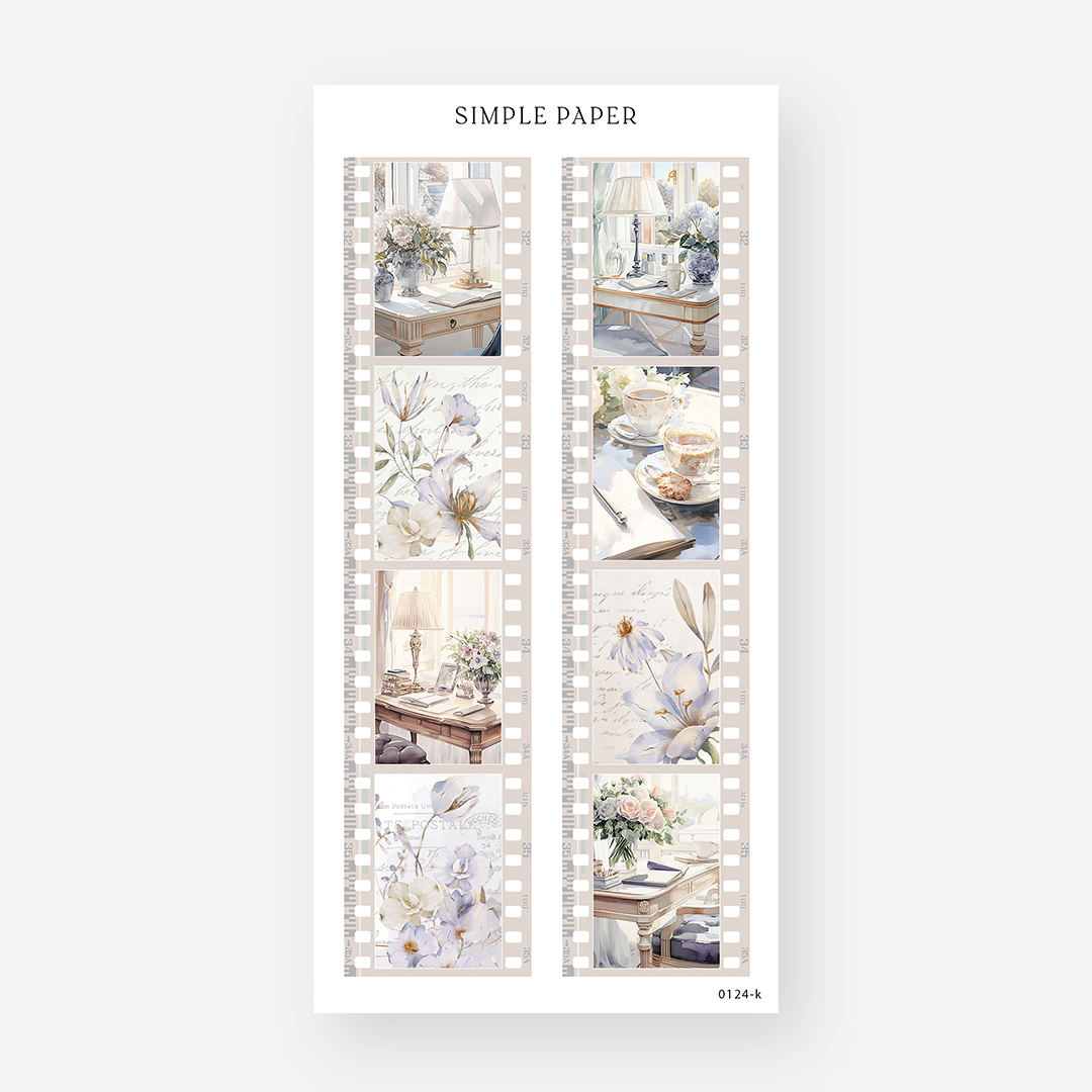 Filmstrip stickers of writing desks, teacups, lavender lilies on script paper and a rose bouquet, January 2024 Sheet K