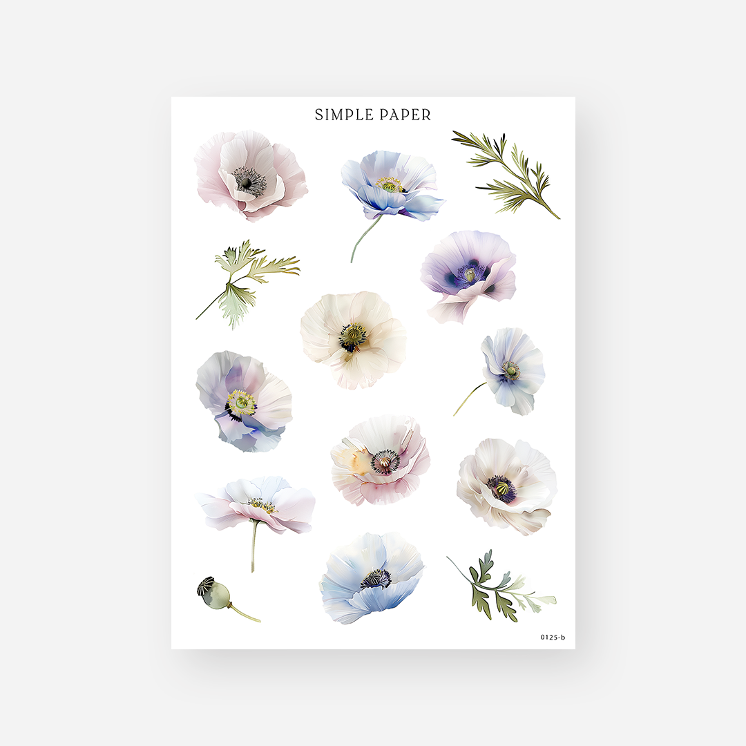 Individual poppy and anemone blooms in white, blush, lavender and blue, Sheet B