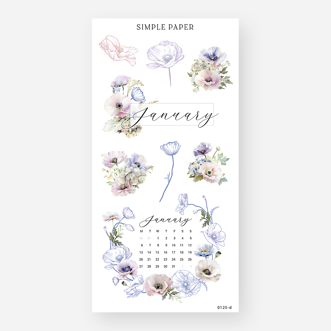 January calendar grid with poppy bouquets and line art accents, Sheet D