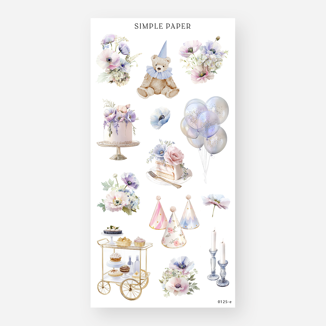 Party stickers with a bear in a party hat, tiered cake, cake slice and iridescent balloons, Sheet E