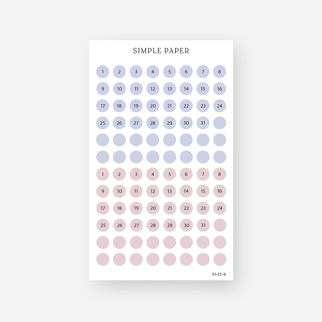 Lavender blue and dusty rose date dot stickers numbered 1 to 31, Sheet H