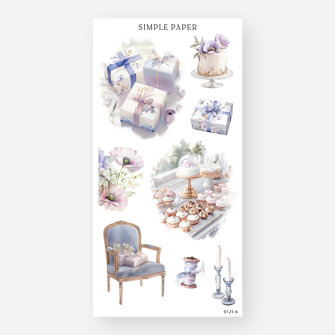 Gift boxes, a floral tiered cake and a cupcake dessert table with candlesticks, Sheet K