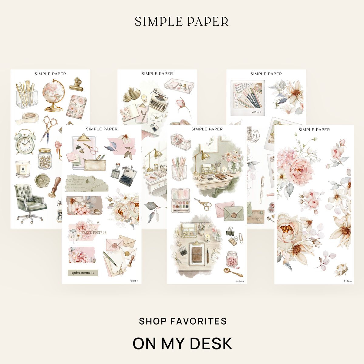 On My Desk Shop Favorites Bundle: six sticker sheets with watercolor desk objects, florals and postage stamps by Simple Paper