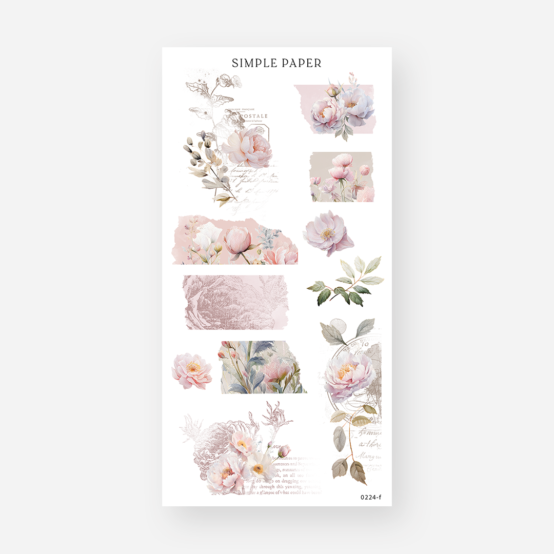 Vintage peony collage stickers with torn paper textures and a vintage postcard graphic, February 2024 Sheet F