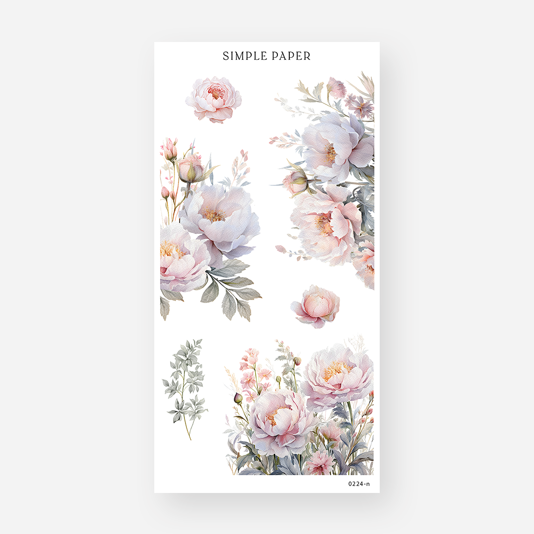 Lavender white and blush peony bouquet stickers with sage green leaves, February 2024 Sheet N