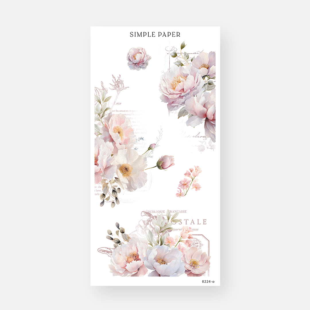 Peony bouquet stickers layered over a faded vintage postcard graphic, February 2024 Sheet O