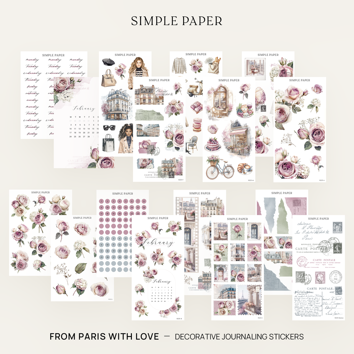 From Paris With Love decorative sticker kit flat lay with all sheets and bonus sheets, Full Kit