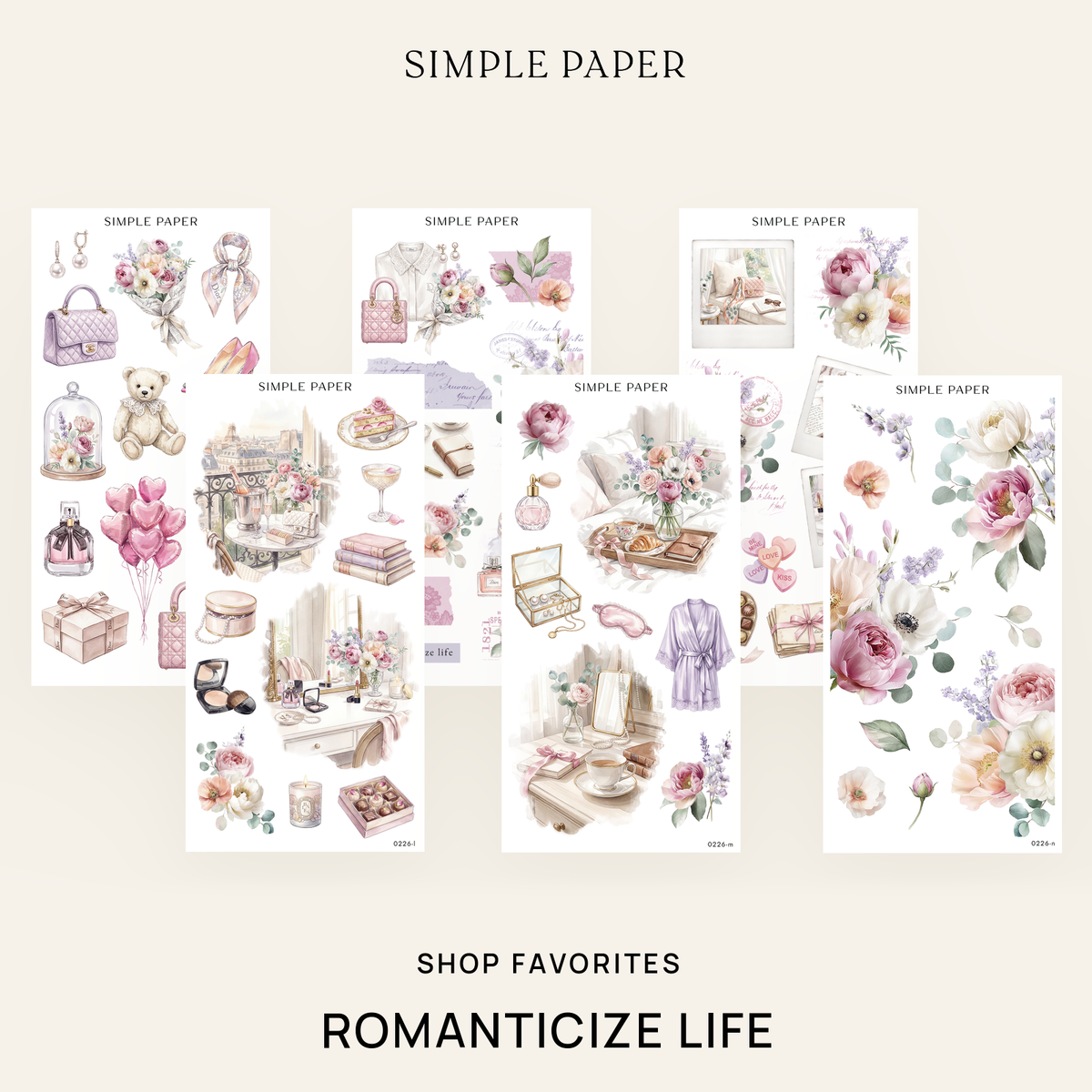 Romanticize Life Shop Favorites Bundle: six sticker sheets with florals, letters and balcony scenes by Simple Paper