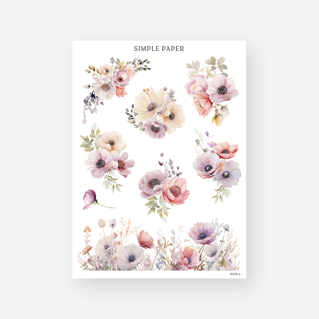 Blush and cream anemone floral stickers with a wildflower border, March 2024 Sheet A
