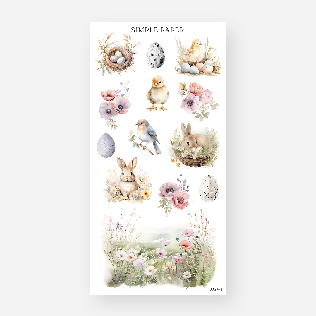 Spring stickers with bunnies, chicks, a bluebird, speckled eggs and anemones, March 2024 Sheet E