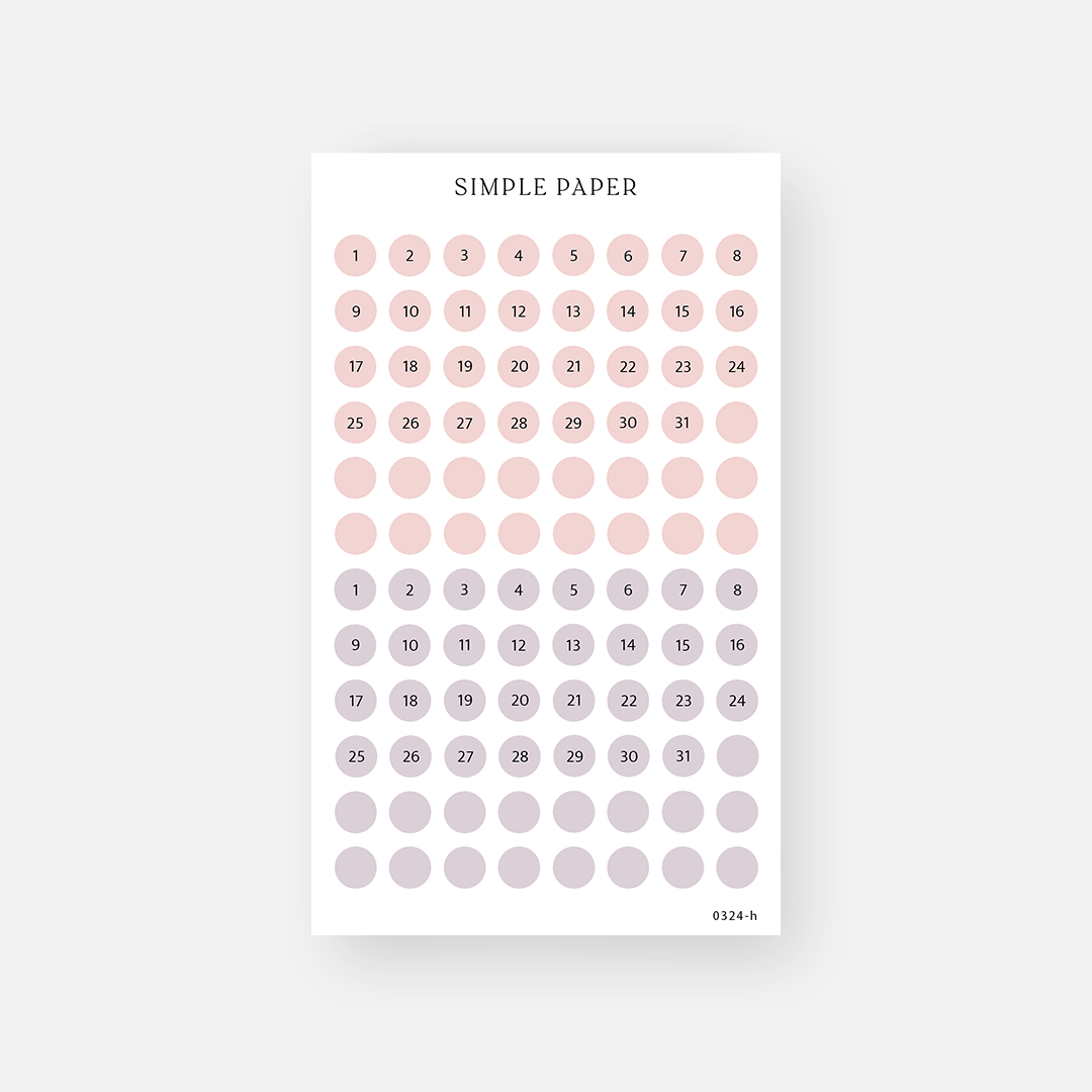 Dusty pink and mauve date dot stickers numbered 1 to 31 with blank dots, March 2024 Sheet H