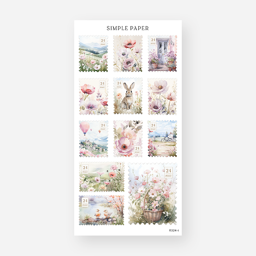 Postage stamp stickers with wildflower meadows, hot air balloons and a flower basket, March 2024 Sheet I