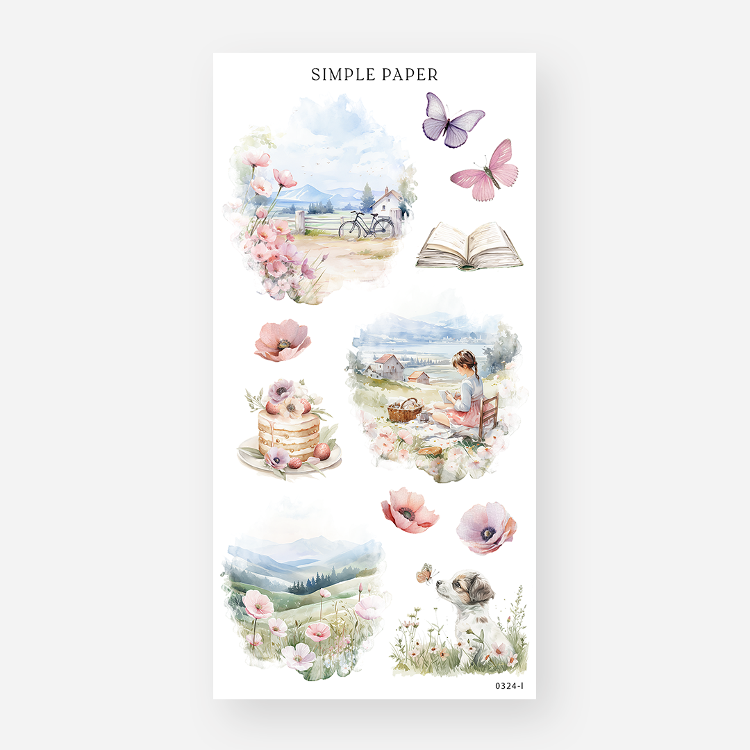 Countryside picnic stickers with a farmhouse, berry cake and a puppy in flowers, March 2024 Sheet L