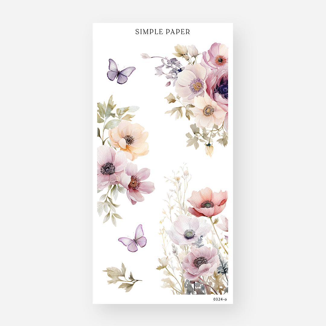 Anemone floral stickers with purple butterflies, March 2024 Sheet O