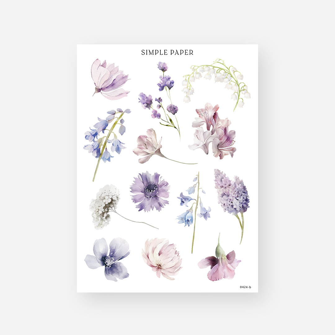 Bluebell, hyacinth and lily of the valley floral stickers in lavender, April 2024 Sheet B