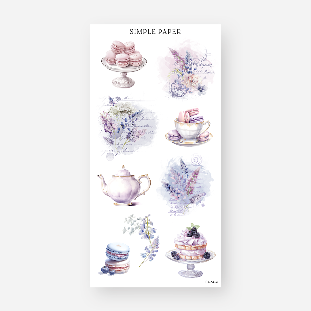 Macaron, teapot and teacup stickers with berry cake and vintage postcard florals, April 2024 Sheet E