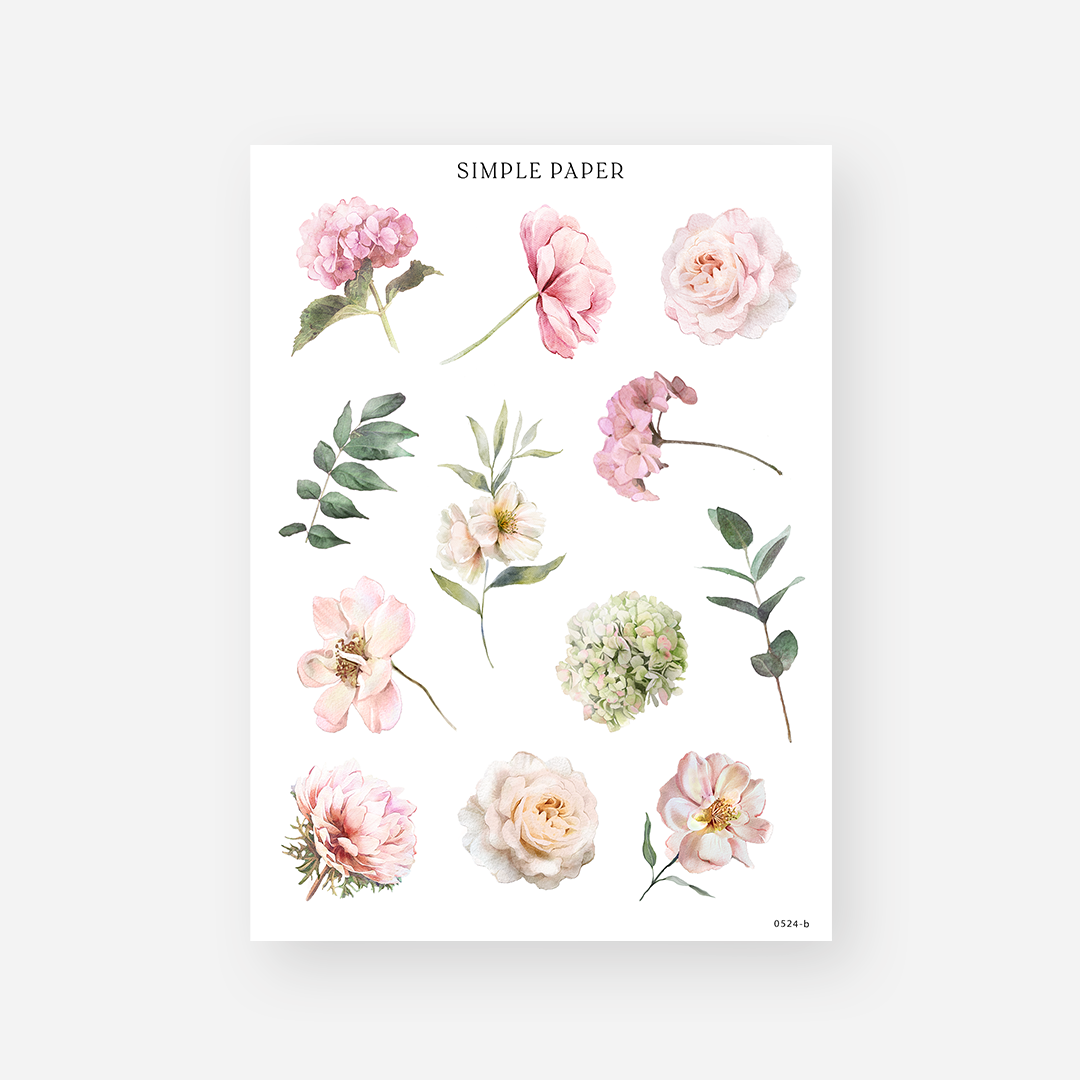 Single pink and cream rose, peony, and hydrangea stickers with leaf sprigs, May 2024 Sheet B