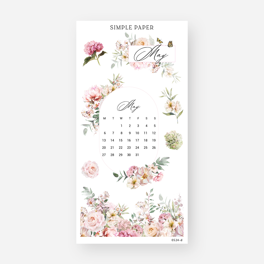 Floral May calendar sticker with pink roses, hydrangeas, and butterflies, May 2024 Sheet D