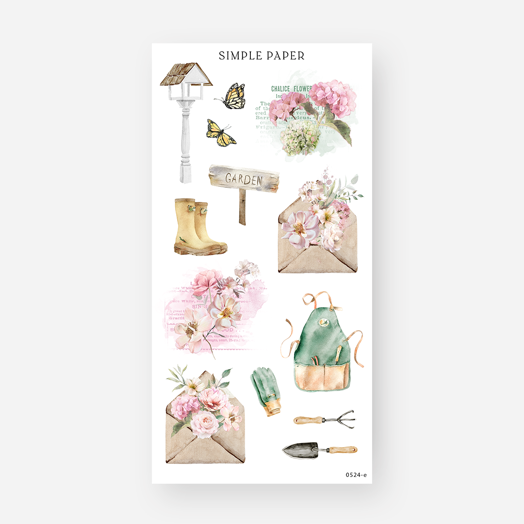Garden stickers with a bird feeder, butterflies, rain boots, floral envelopes, apron, and hand tools, May 2024 Sheet E