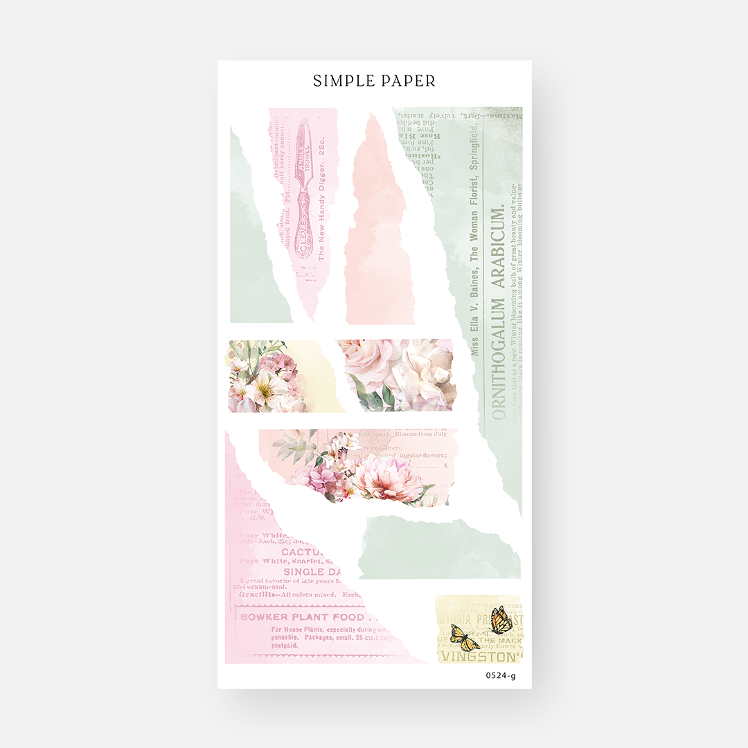 Torn washi paper stickers in pink and sage with vintage garden text, florals, and butterflies, May 2024 Sheet G