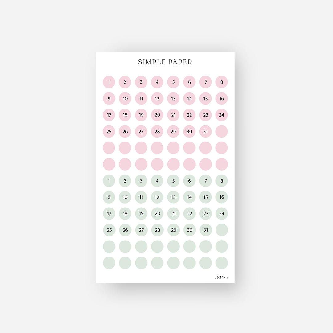 Pink and sage green date dot stickers numbered 1 to 31 with blank dots, May 2024 Sheet H