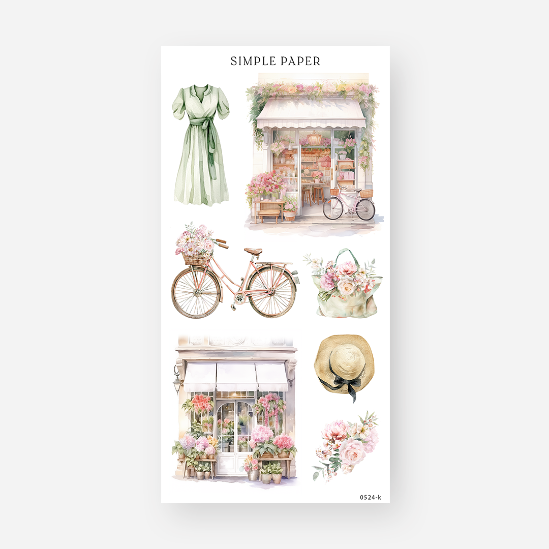 Flower shop, bicycle, dress, tote bag, hat, and rose stickers in sage and pink, May 2024 Sheet K