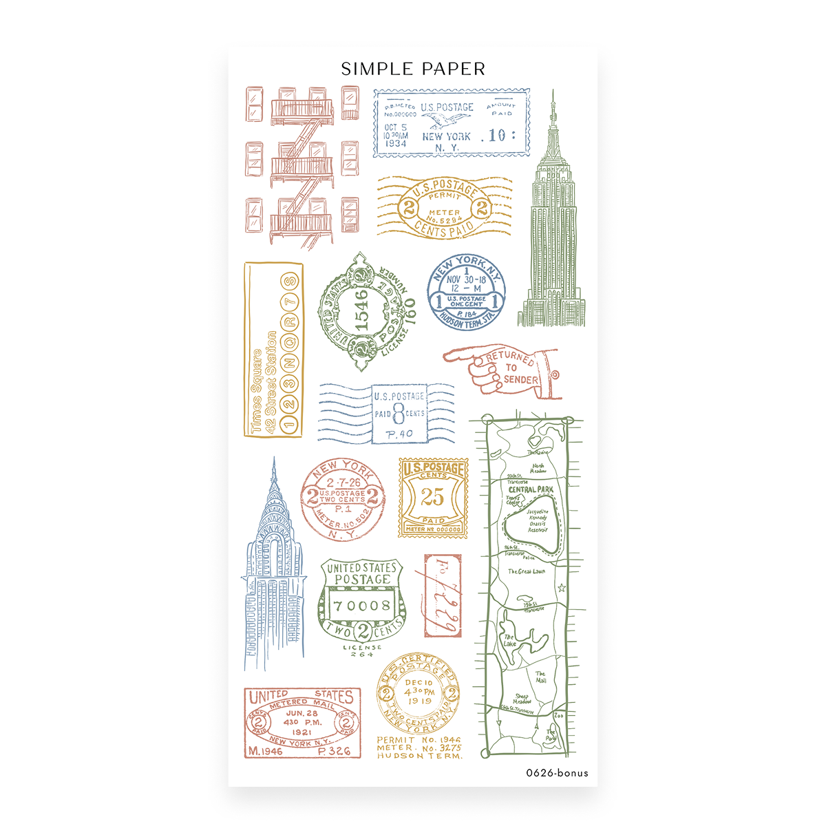 Parkside Sheet Bonus sticker sheet: postal ephemera with landmark buildings, postmarks and a park map