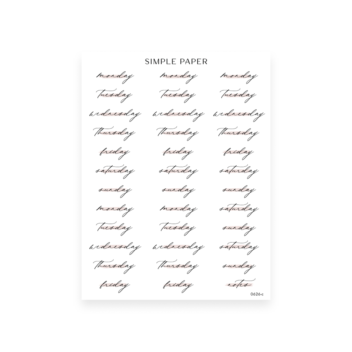 Parkside Sheet C sticker sheet: Monday to Sunday script labels in pink with a Notes tag