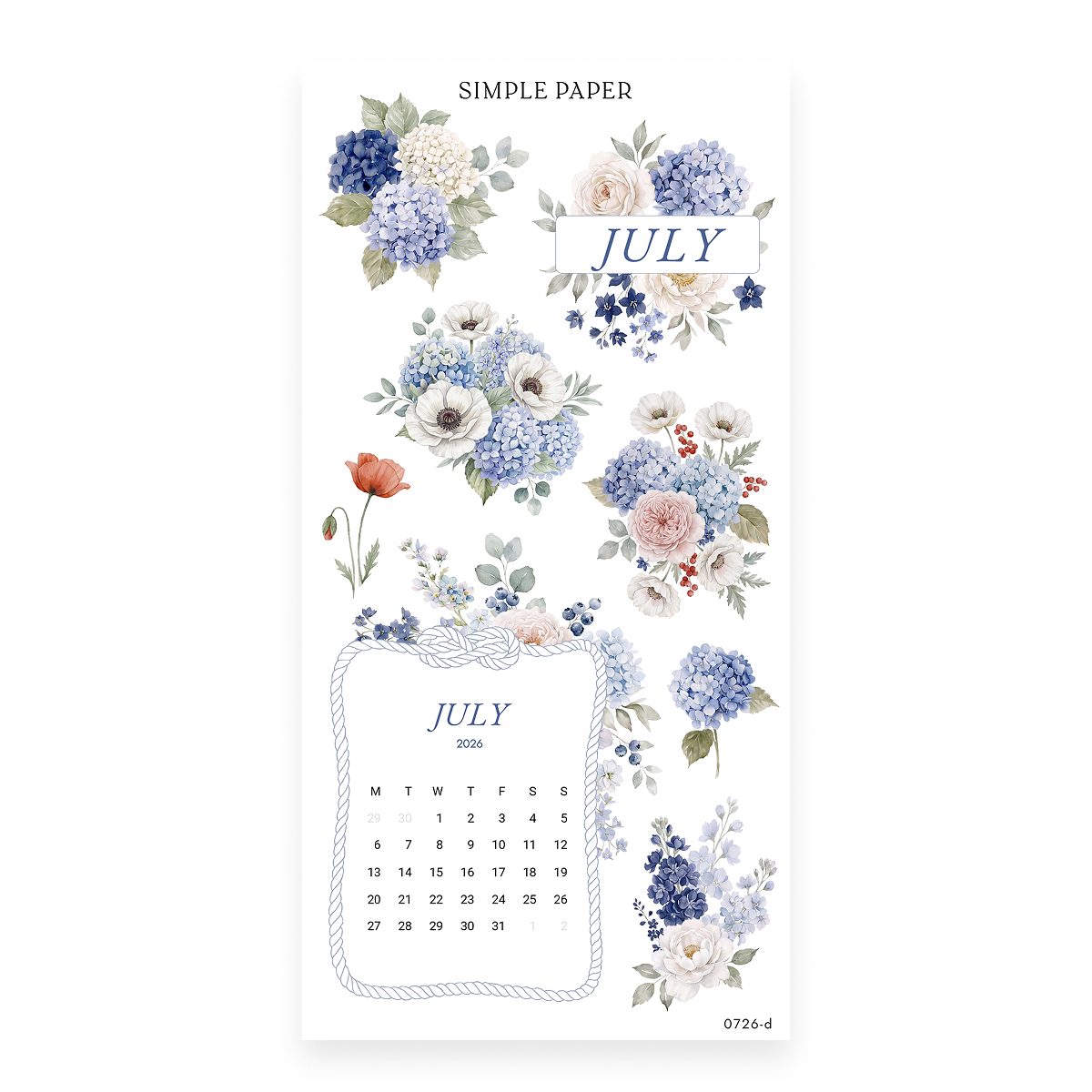 By The Sea Sheet D sticker sheet: a July 2026 rope-framed calendar and JULY header with hydrangeas