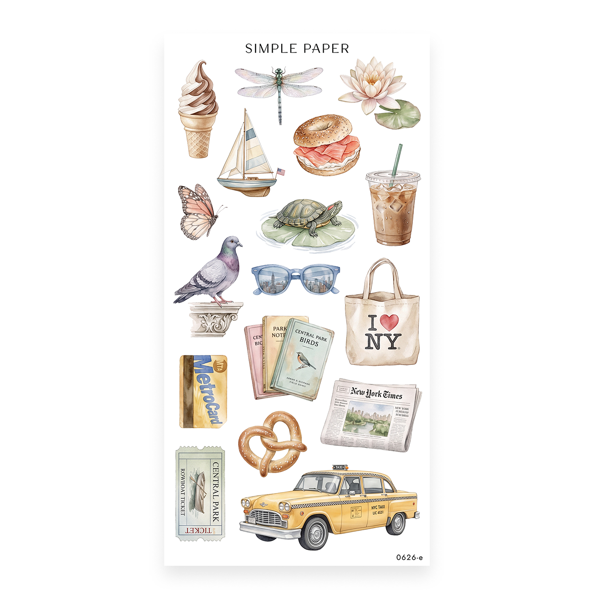 Parkside Sheet E sticker sheet: an ice cream cone, sailboat, turtle, pretzel and a yellow taxi