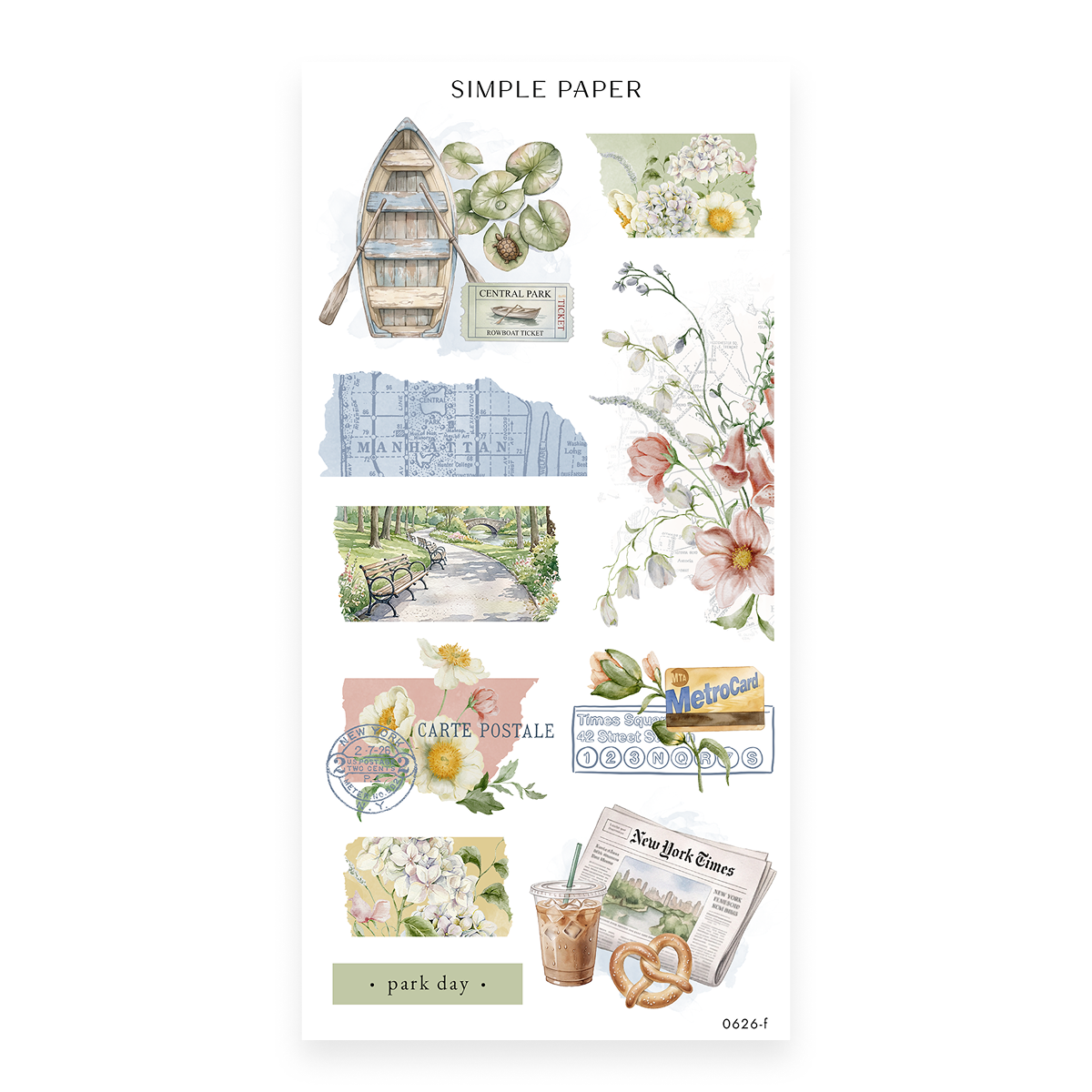 Parkside Sheet F sticker sheet: a rowboat, lily pads, park tickets, a borough map and a subway sign