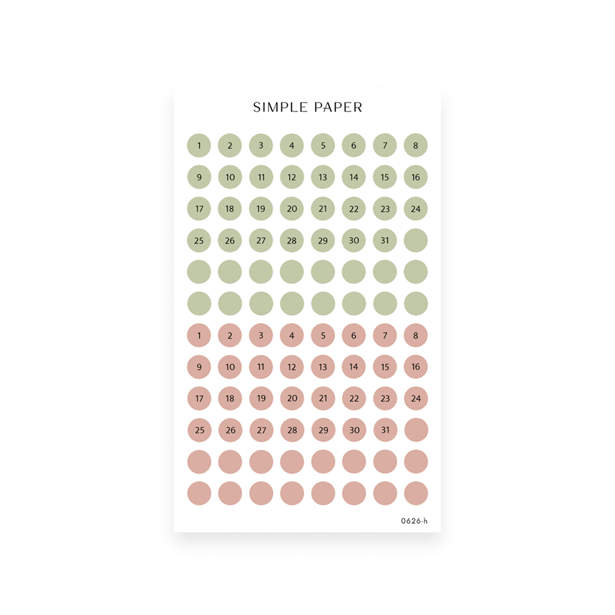 Parkside Sheet H sticker sheet: date dots numbered 1 to 31 in light green and soft pink