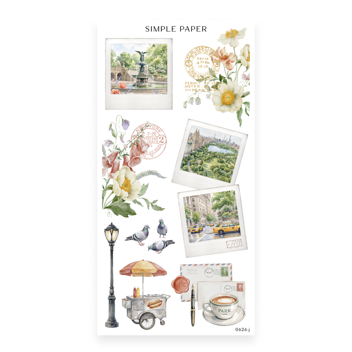 Parkside Sheet J sticker sheet: instant photos of a fountain, a park lake and a city street