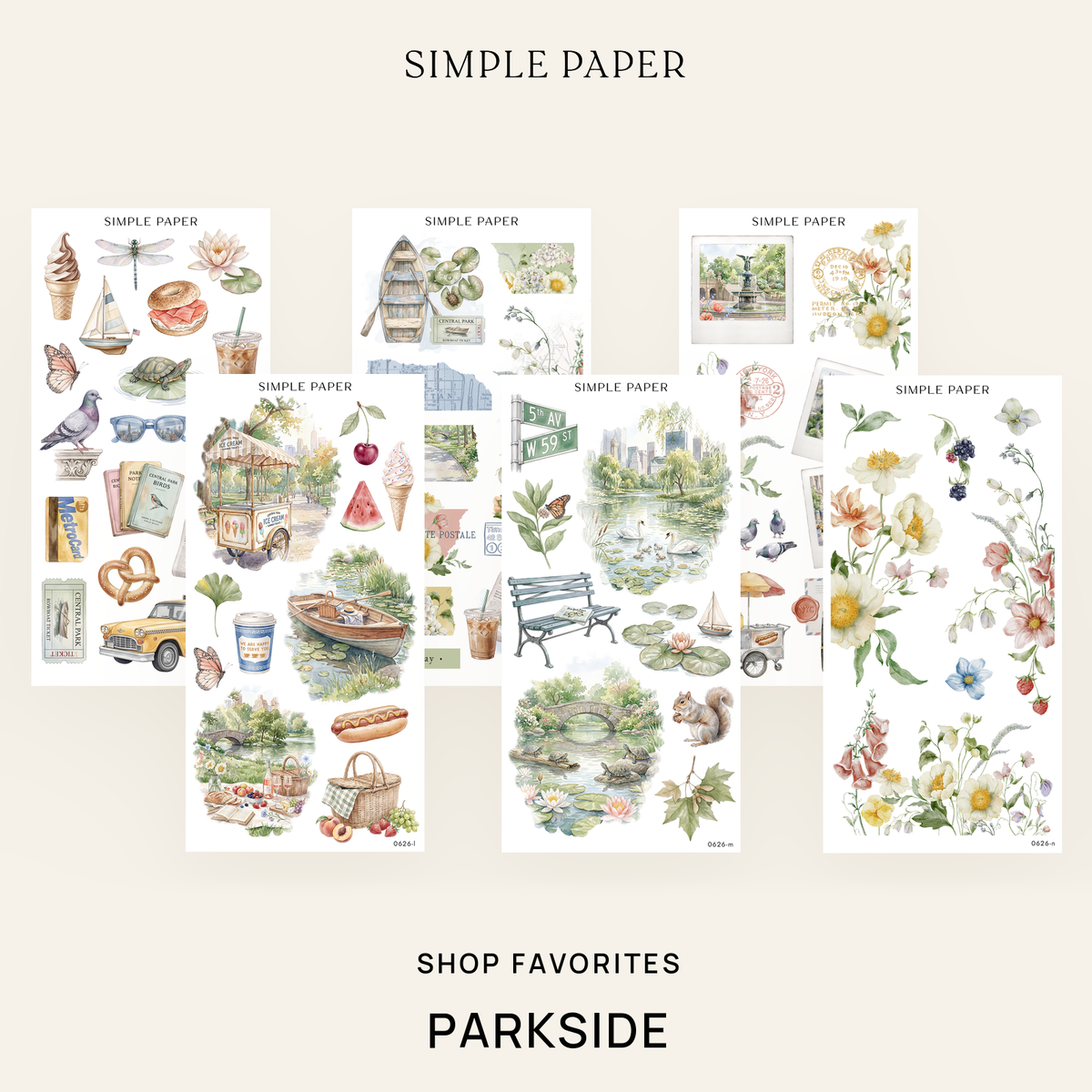 Parkside Shop Favorites Bundle: six sticker sheets with summer blooms, rowboats and park scenes by Simple Paper