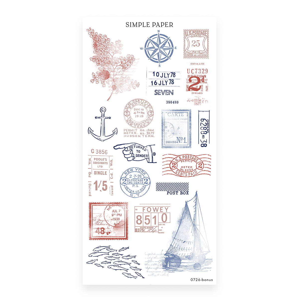 By The Sea Sheet Bonus sticker sheet: a compass rose, an anchor and red and blue postmarks