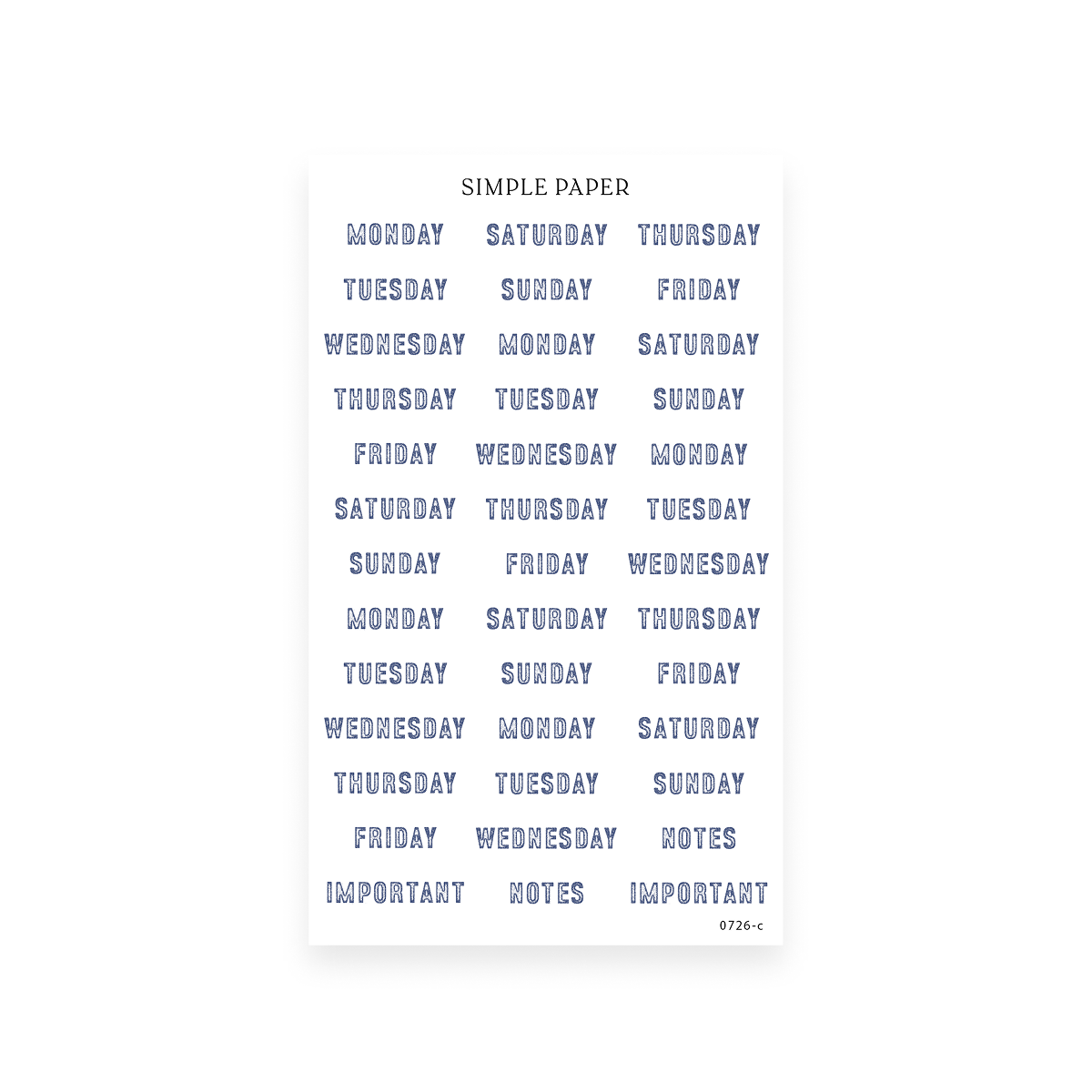 By The Sea Sheet C sticker sheet: Monday to Sunday word labels with Notes and Important tags