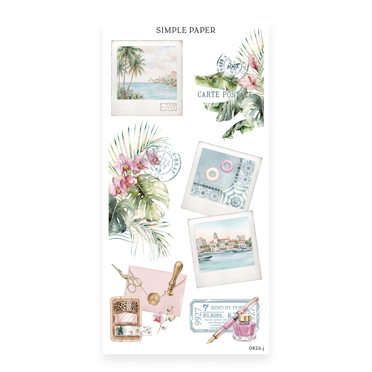 Checking In Sheet J sticker sheet: instant photos of a resort marina with orchids and washi rolls