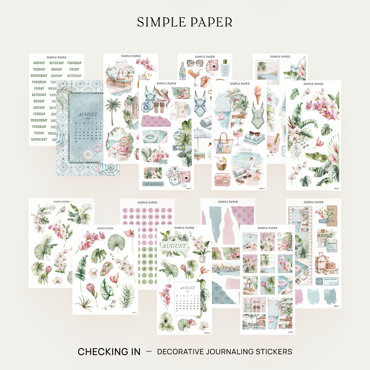 Checking In Full Decorative Kit: 14 sticker sheets of orchids, palms, resort scenes and date dots by Simple Paper