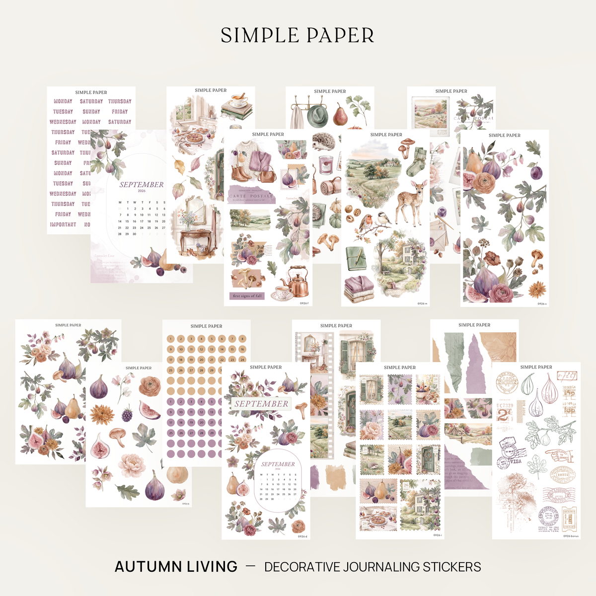 Autumn Living Full Decorative Kit: 14 sticker sheets of watercolor figs, pears, ephemera and date dots by Simple Paper