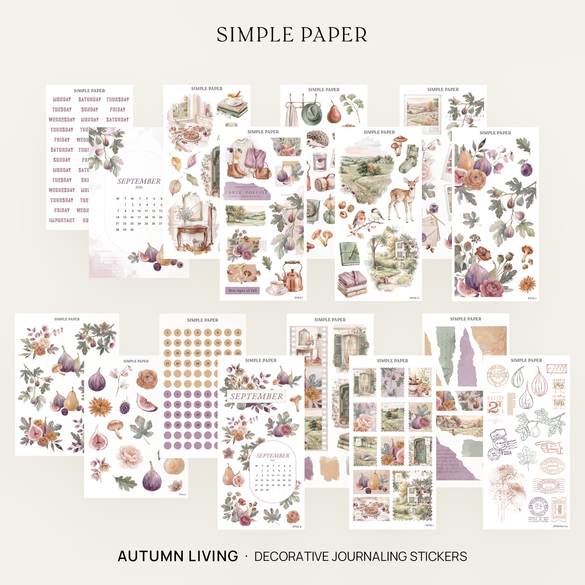 A collage of multiple decorative journaling sticker sheets arranged on a pale pink background, with the text 'SIMPLE PAPER' at the top and 'AUTUMN LIVING - DECORATIVE JOURNALING STICKERS' at the bottom. The stickers feature autumn-themed illustrations including leaves, acorns, pumpkins, flowers, and vintage-style text elements.