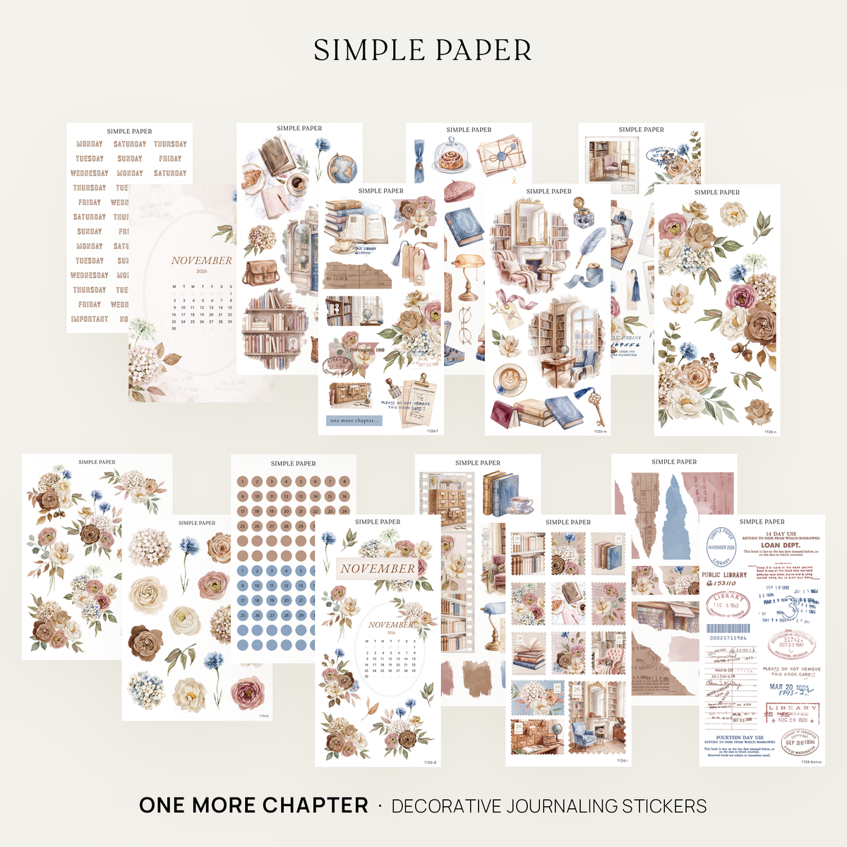 Sticker sheets of library rooms, books, library stamps, watercolor roses and a November 2026 calendar