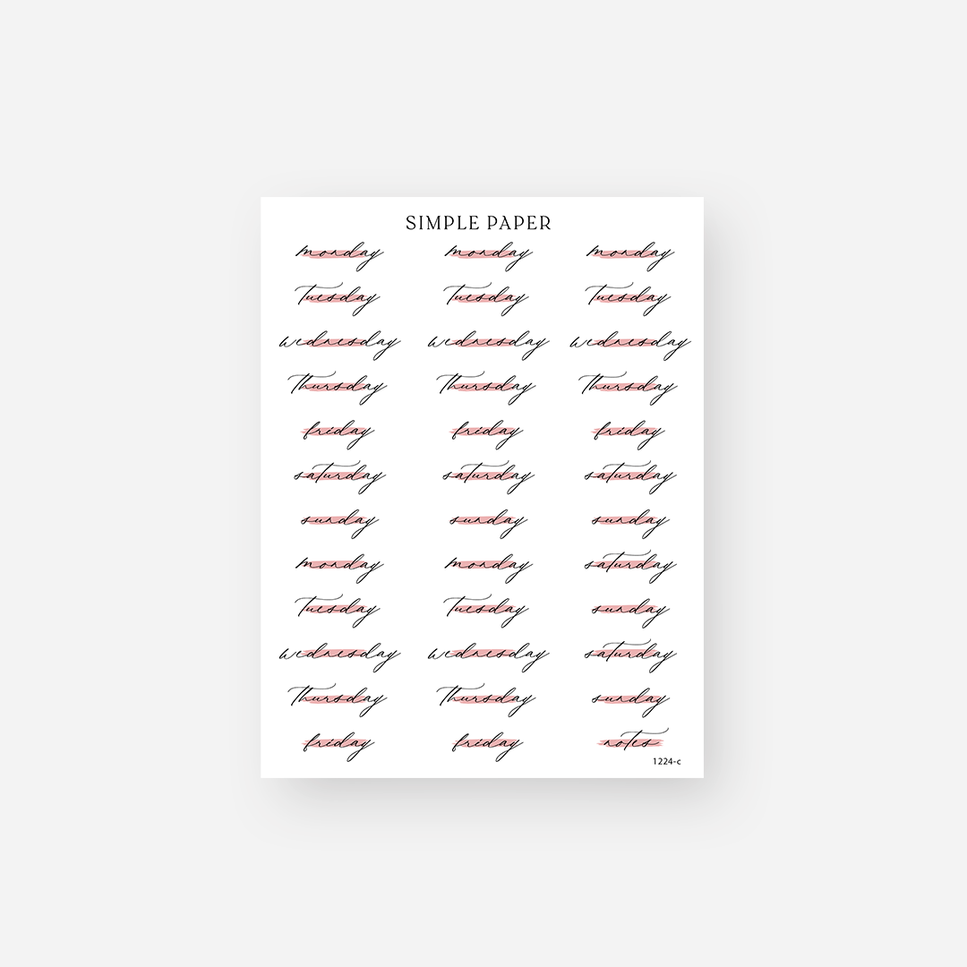 Black script days of the week planner stickers with coral highlights and a notes label, December 2024 Sheet C