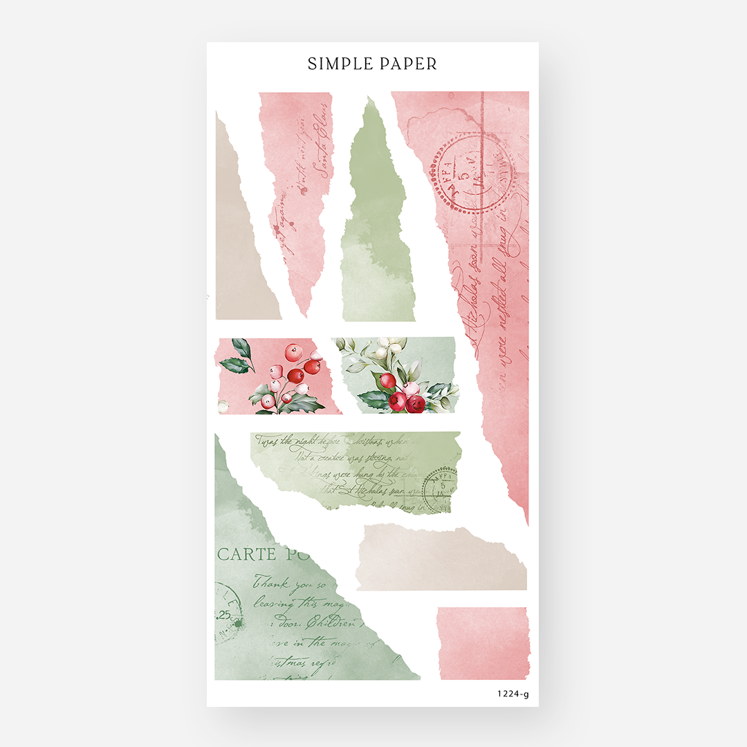 Torn washi paper stickers in blush pink and sage with script text and berry clusters, December 2024 Sheet G