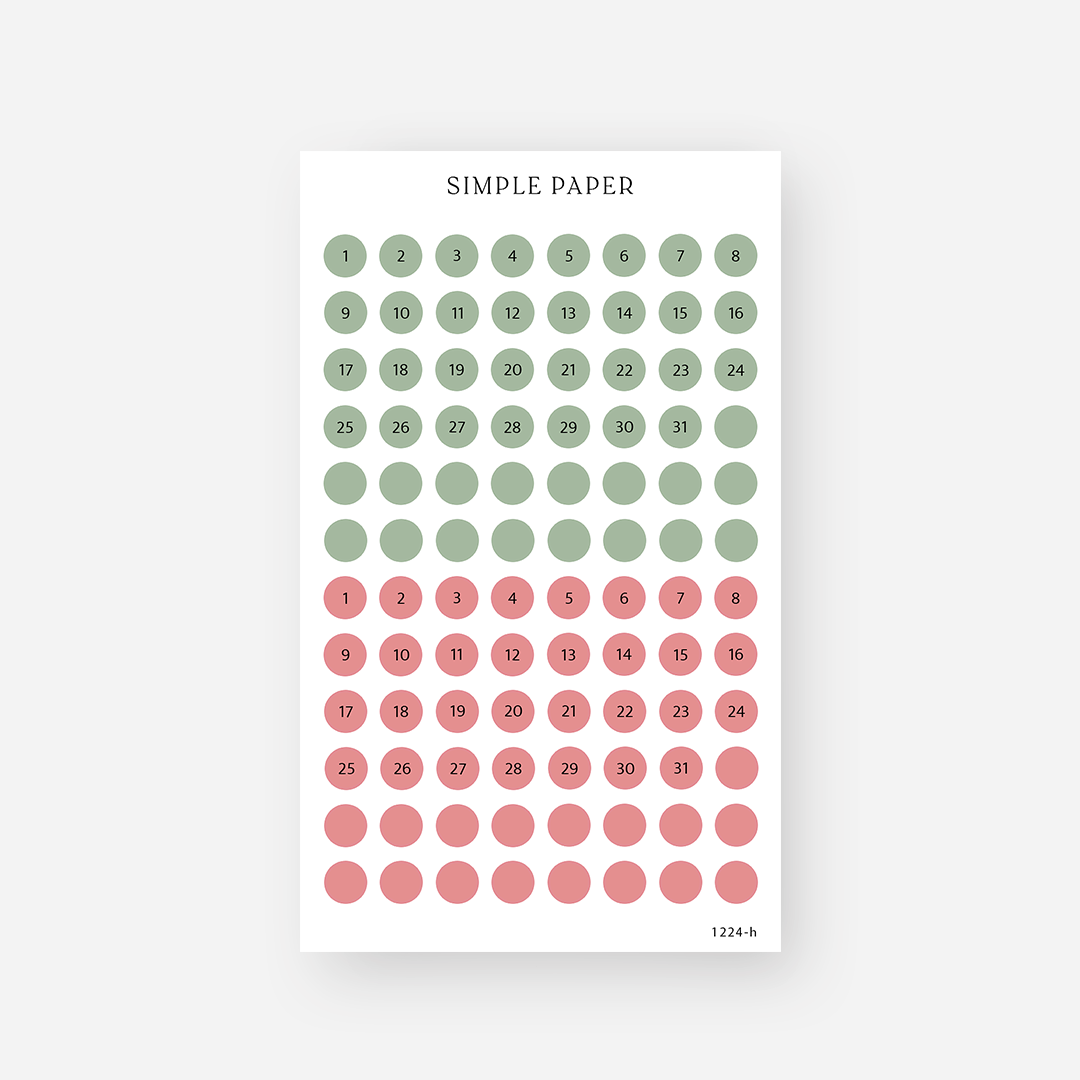 Sage green and rose pink date dot stickers numbered 1 to 31 with blank dots, December 2024 Sheet H