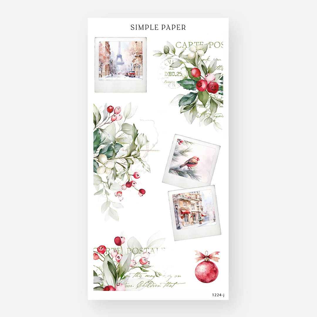 Instant photo frame stickers with a snowy street scene, a robin and berry sprigs, December 2024 Sheet J