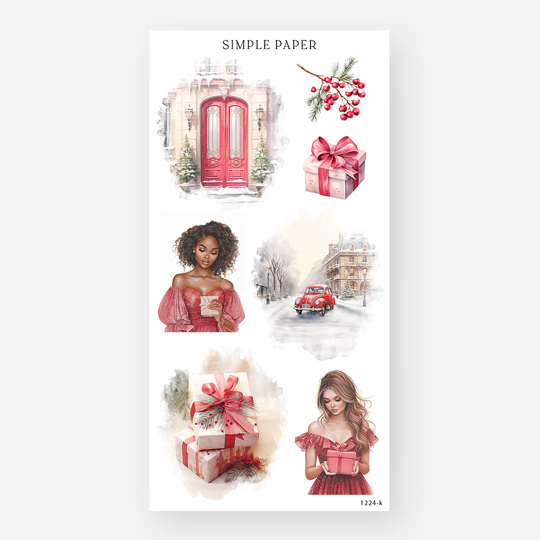 A red holiday door, wrapped gifts, a vintage car and women in red gowns, December 2024 Sheet K