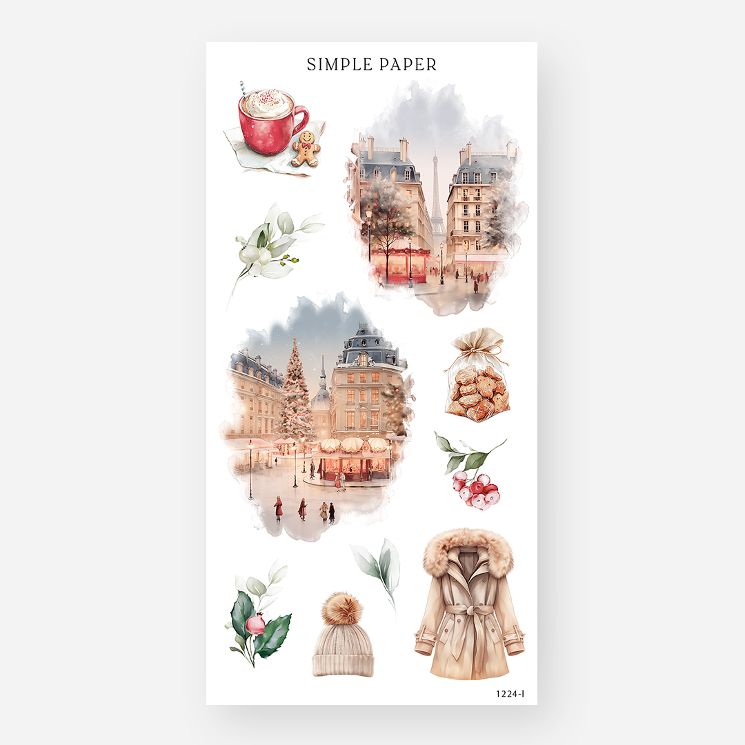A cocoa mug, snowy city street scenes, a bag of pastries and a cozy coat and beanie, December 2024 Sheet L